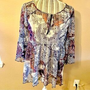 Lavender Sky Tunic Top Medium Boho White Sheer Navy Blue Barbie Pink Floral